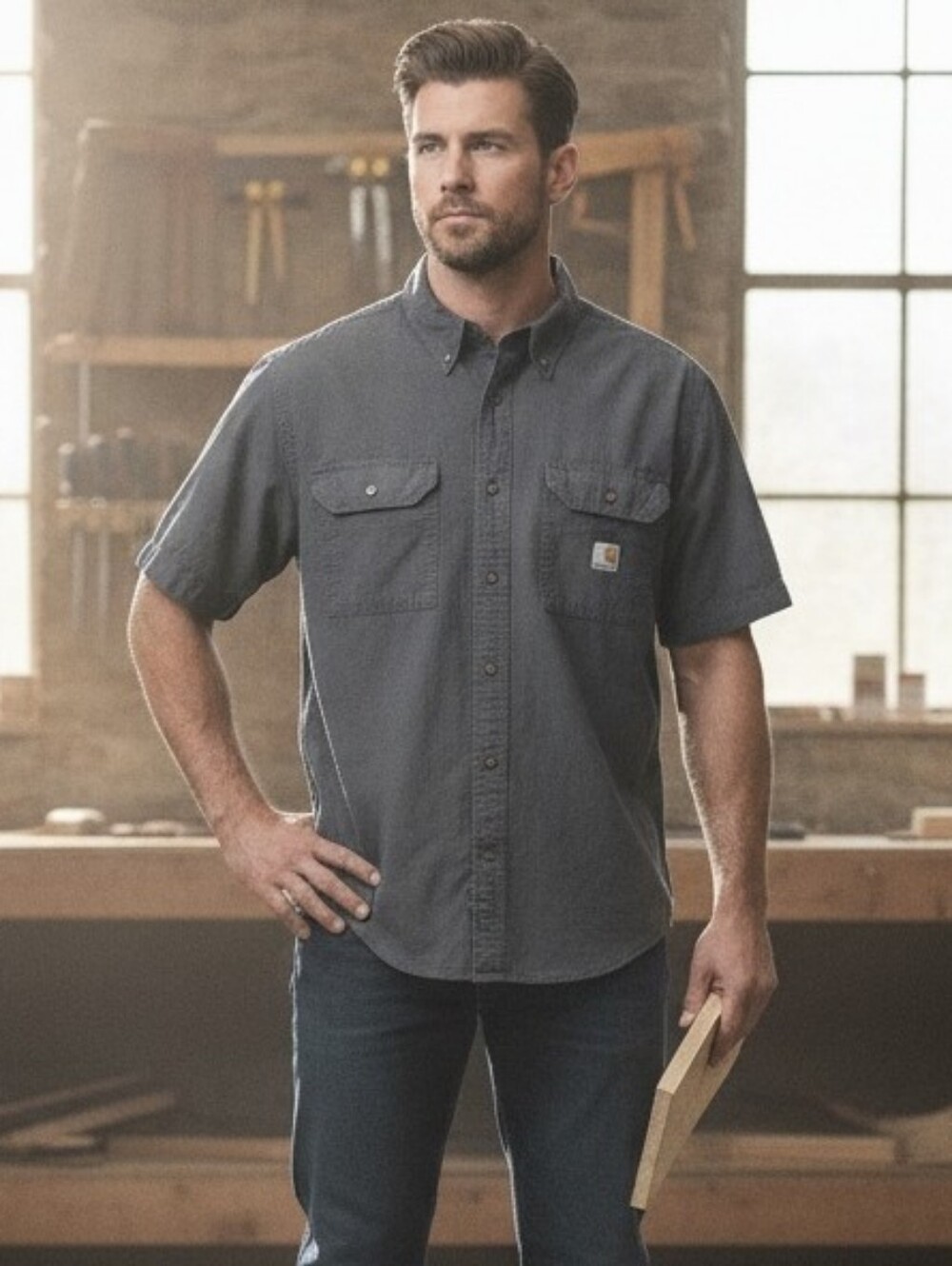 Carhartt Mens Shirt Large Loose Fit Short Sleeves Button-Down Pockets Black